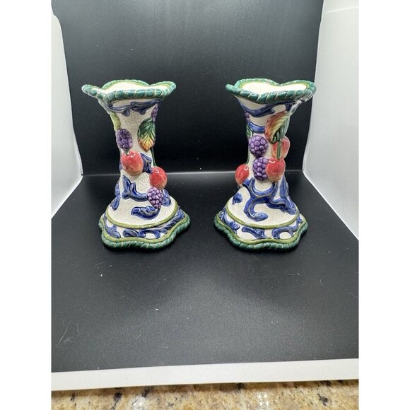 FITZ & FLOYD Classics Pair of 8 1/2” Candlestick Holder in Florentine Fruit - Picture 1 of 4